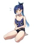  1girl absurdres bangs black_bow black_shorts black_tank_top blue_hair blush bow breasts cleavage collarbone hair_bow highres holding holding_stuffed_toy large_breasts lilpa long_hair looking_at_viewer open_mouth own_hands_together seiza shiny shiny_hair short_shorts shorts sidelocks simple_background sitting solo stuffed_animal stuffed_toy sugar_(dndi888) tank_top waktaverse white_background yellow_eyes 