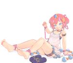  1girl anklet bare_legs barefoot blue_eyes chaosexceed hair_ornament highres horns jewelry no_shoes original red_hair sandals short_twintails sitting soles spaghetti_strap star_(symbol) star_hair_ornament star_print swimsuit toes twintails 