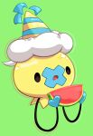  clothed_pokemon commentary_request deleca7755 drifloon food frown fruit green_background hat highres holding holding_food no_humans open_mouth pokemon pokemon_(creature) simple_background solo striped striped_headwear tongue watermelon watermelon_slice 