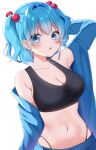  1girl blue_eyes blue_hair blue_shirt blue_skirt blush breasts cleavage collarbone hair_between_eyes hair_bobbles hair_ornament highres kawashiro_nitori large_breasts long_sleeves multicolored_hair navel open_clothes open_mouth open_shirt shinonome_asu shirt short_hair simple_background skirt solo touhou twitter_username two-tone_hair upper_body white_background 