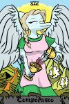  anthro apron blonde_hair blue_body braided_hair card clothed clothing container cup dress english_text eyes_closed feathered_wings feathers female goblet goodbye_volcano_high hair hi_res liquid long_snout mature_female samantha_(snoot_game) snoot_game_(fan_game) snout solo stillzero tarot_card text video_games wings 
