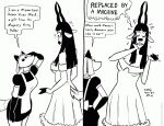  antelope anthro bovid bovine breasts clothed clothing comic dialogue dress duo english_text female hooves horn machine maid_uniform mammal miss_thompson_(tegerio) monochrome robot robota_(tegerio) scut_tail short_tail spiral-horned_antelope tegerio text uniform 