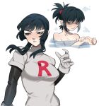  1girl bare_shoulders black_eyes black_hair breasts gloves highres long_hair multiple_views partially_submerged pokemon pokemon_adventures ponytail porqueloin sabrina_(pokemon) simple_background smile team_rocket team_rocket_uniform water white_background white_gloves yuusha_ni_narenakatta_ore_wa_shibushibu_shuushoku_wo_ketsui_shimashita. 