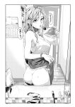  1girl aihara_akito ass bare_shoulders blush breasts calendar_(object) clothes_lift faucet greyscale highres long_hair mirror monochrome original panties panty_pull selfie skirt skirt_lift sleeveless solo sweatdrop toothbrush underwear 
