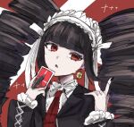  1girl :o bangs black_hair black_nails bonnet card celestia_ludenberg danganronpa:_trigger_happy_havoc danganronpa_(series) drill_hair frills gothic_lolita highres holding holding_card jacket lolita_fashion long_hair long_sleeves looking_at_viewer nail_polish necktie playing_card red_background red_eyes simple_background solo sparkle twin_drills twintails zui_nianshao 