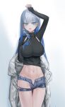  1girl :d arm_up bangs blue_hair breasts cropped_sweater gradient_hair grey_hair highres jacket large_breasts long_hair long_sleeves midriff multicolored_hair navel original quarter_1404 short_shorts shorts simple_background sleeves_past_wrists smile solo sweater torn_clothes torn_shorts turtleneck turtleneck_sweater white_jacket 