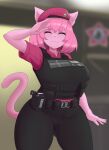 anthro big_breasts big_butt breasts butt claire_(lilith&#039;s_throne) clothing domestic_cat eyes_closed felid feline felis female fur gesture hair hat headgear headwear hi_res huge_breasts kt80 lilith&#039;s_throne mammal official_art pink_body pink_fur pink_hair salute smile solo standing thick_thighs uniform wide_hips 