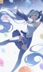  1girl 2r-_(pixiv8168114) absurdres arms_up balloon bangs bare_shoulders blue_eyes blue_necktie blue_skirt blue_sleeves blue_thighhighs blurry collared_shirt commentary depth_of_field detached_sleeves feet_out_of_frame floating hair_between_eyes hatsune_miku headphones highres long_bangs long_hair long_sleeves looking_afar necktie open_mouth pleated_skirt shirt skirt sleeveless sleeveless_shirt smile solo teeth thighhighs thighs twintails upper_teeth very_long_hair vocaloid white_shirt zettai_ryouiki 