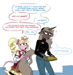  anthro clothing dialogue dress duo english_text equid equine eureka_(oc) fan_character female hasbro horn mammal my_little_pony parch_well_(oc) pigtails redxbacon sweater tail_pull text topwear turtleneck unicorn 