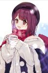  1girl atelier_(series) atelier_sophie bangs beret brown_eyes cup fang fur_trim hat highres holding holding_cup looking_at_viewer open_mouth red_hair red_scarf ryuuno6 scarf short_hair simple_background smile solo sophie_neuenmuller sweater white_background white_sweater winter_clothes 