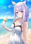  1girl alternate_costume beach breasts cleavage cloud collarbone commentary_request food herohero_(higashi_no_dou) highres ice_cream lens_flare long_hair looking_at_viewer mejiro_mcqueen_(umamusume) ocean purple_eyes purple_hair sky small_breasts smile solo 