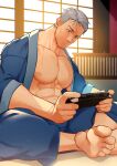  1boy abs bara blue_pants closed_mouth facial_hair grey_hair handheld_game_console hidora_art highres holding indian_style large_pectorals male_focus muscular muscular_male nipples open_clothes original pants pectorals playing_games playstation_portable short_hair sitting solo 