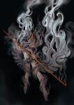  1girl breasts dragon_girl dragon_horns dragon_tail fangs forked_tongue full_body grey_hair highres holding holding_polearm holding_weapon horns jon_taira long_hair navel open_mouth original pointy_ears polearm small_breasts smoke solo tagme tail teeth tongue tongue_out weapon yellow_eyes 