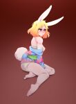  anthro asian_clothing blonde_hair blush carrot_(one_piece) chest_wraps clothed clothing east_asian_clothing feet female fluffy fluffy_tail fur gradient_background hair hi_res japanese_clothing lagomorph leporid long_ears mammal minkmen_(one_piece) mycrys one_piece partially_clothed pink_nose rabbit short_tail simple_background sitting solo white_body white_fur wraps yukata 