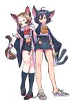  1girl animal_ear_fluff animal_ears black_hair brown_hair calico cat_ears cat_tail cellphone collared_shirt commentary_request full_body gyaru hair_between_eyes highres jon_taira kneehighs long_hair looking_at_viewer miniskirt multicolored_hair multiple_tails nekomata no_socks original phone pleated_skirt pom_pom_(clothes) rope sandals shirt shirt_tucked_in short_eyebrows short_hair simple_background sketch skirt smartphone smile socks solo tabi tail tassel two_tails whiskers white_background white_hair white_shirt wide_sleeves 