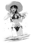  1girl :d aihara_akito bare_shoulders bikini blush breasts choker cleavage earrings greyscale hat highres jewelry long_hair looking_at_viewer monochrome navel new_normal open_mouth seashell shell smile solo straw_hat sun_hat swimsuit v wading watch wet wristwatch 