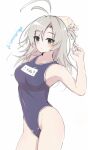  1girl alternate_costume antenna_hair bare_shoulders blue_one-piece_swimsuit clothes_writing cowboy_shot from_side green_eyes grey_hair highres honma_(honmatomohiro) kantai_collection kinugasa_(kancolle) looking_at_viewer one-piece_swimsuit school_swimsuit short_hair simple_background solo swimsuit tsurime twitter_username white_background 