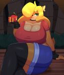 1_eye absurd_res activision anthro apple bandicoot big_breasts big_butt black_clothing black_fingerless_gloves black_gloves black_handwear black_legwear black_nose blonde_hair blue_bottomwear blue_clothing blue_shorts bottomwear braffy breasts butt cleavage clothed clothing crash_bandicoot_(series) ear_piercing ear_ring eyelashes female fingerless_gloves fingers food forest forest_background fruit gloves green_eyes hair hair_over_eye handwear hi_res holding_food holding_fruit holding_object huge_breasts huge_butt legwear lipstick looking_at_viewer makeup mammal marsupial nature nature_background one_eye_obstructed pants piercing plant raining raised_tail red_clothing red_shirt red_topwear ring_piercing shirt short_jeans shorts slightly_chubby smile solo tawna_bandicoot thick_thighs topwear tree video_games 