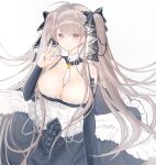  1girl absurdres azur_lane bare_shoulders between_breasts black_dress black_nails breasts cleavage clothing_cutout dress formidable_(azur_lane) frilled_dress frills gothic_lolita grey_background grey_hair hair_ribbon highres large_breasts lolita_fashion long_hair necktie necktie_between_breasts panbamoot red_eyes ribbon shoulder_cutout simple_background solo twintails two-tone_dress two-tone_ribbon v very_long_hair 