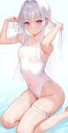  1girl breasts collarbone covered_navel hands_in_hair highres legs long_hair looking_at_viewer mignon one-piece_swimsuit original pink_eyes sitting small_breasts solo swimsuit thigh_strap thighs wariza water wet wet_clothes wet_swimsuit white_hair white_one-piece_swimsuit 