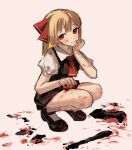 1girl ascot bangs black_footwear black_skirt black_vest blonde_hair blood blood_on_clothes blood_on_face blood_on_hands blood_on_leg clynxen commentary english_commentary full_body hair_ribbon hand_up highres looking_at_viewer mary_janes medium_hair red_ascot red_eyes red_ribbon ribbon rumia shirt shoes short_sleeves skirt socks solo squatting tan_background touhou vest white_shirt white_socks 