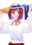  1girl atelier_(series) atelier_sophie bangs blue_bow bow hat hat_bow highres holding holding_clothes holding_hat jewelry necklace open_mouth pink_eyes red_hair ryuuno6 shirt short_hair short_sleeves simple_background smile solo sophie_neuenmuller straw_hat tied_shirt white_background white_shirt 