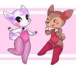  3_toes animal_crossing anthro blush bow_(feature) bow_tie breasts brown_body brown_fur cervid clothed clothing cuff_links diana_(animal_crossing) digital_media_(artwork) duo eyelashes fauna_(animal_crossing) feet female fishnet fishnet_legwear fur hair hi_res hooves legwear leotard looking_at_viewer looking_back mammal nintendo one_eye_closed onigiri_punch open_mouth open_smile pink_clothing pink_leotard red_clothing red_legwear red_leotard red_stockings simple_background smile smiling_at_viewer stockings thick_thighs toe_outline toes tongue topwear video_games white_body wink 