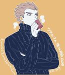  1boy black_sweater commentary_request cup drinking hand_up holding holding_cup lance_(pokemon) long_sleeves looking_to_the_side male_focus orange_background pokemon pokemon_(game) pokemon_hgss ribbed_sweater short_hair simple_background solo sweater translation_request turtleneck turtleneck_sweater upper_body y_(036_yng) 