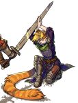  5_fingers anthro blonde_hair breasts clothed clothing domestic_cat felid feline felis female fingers fur hair hi_res holding_object holding_sword holding_weapon kneeling mammal melee_weapon orange_body orange_fur simple_background sword weapon white_background zummeng 