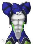 abs absurd_res anthro blue_body clothing featureless_crotch green_eyes grin hands_behind_head heibanhikaru hi_res male muscular muscular_anthro muscular_male pecs pose presenting scalie smile solo topwear vest 