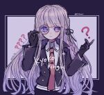  1girl ? ?? bangs black_ribbon blunt_bangs braid collared_shirt danganronpa:_trigger_happy_havoc danganronpa_(series) dated gloves grey_shirt hair_ribbon hands_up highres holding holding_magnifying_glass jacket kirigiri_kyouko long_hair magnifying_glass mameeekueya necktie purple_background purple_eyes purple_hair ribbon shirt side_braid solo two-tone_background 