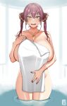  1girl bangs bare_shoulders blush breasts cleavage collarbone hair_ribbon handplug heterochromia highres hololive houshou_marine huge_breasts jewelry long_hair looking_at_viewer necklace open_mouth red_eyes red_hair red_ribbon ribbon smile solo thighs towel twintails virtual_youtuber wading water wet yellow_eyes 