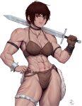  1girl abs absurdres bare_arms bikini breasts brown_eyes brown_hair collarbone hand_on_hip highres holding holding_sword holding_weapon jewelry legs muscular muscular_female necklace short_hair smile speedl00ver swimsuit sword warrior weapon 