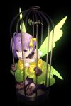  1girl antenna_hair bangs bare_shoulders birdcage black_shorts boots breasts brown_footwear brown_gloves cage character_name detached_collar dress echo_(circa) fairy_wings fate/grand_order fate_(series) gloves green_dress hair_ribbon long_sleeves looking_at_viewer muryan_(fate) off_shoulder puffy_sleeves purple_eyes purple_hair ribbon short_hair shorts small_breasts solo thigh_boots thighs two_side_up wings yellow_ribbon 