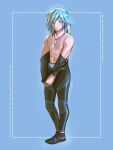  1boy aqua_eyes bangs blue_background blue_hair clothes_pull collarbone commentary framed full_body go-lurk grusha_(pokemon) hair_between_eyes highres jewelry leggings long_hair looking_at_viewer male_focus navel necklace one_eye_closed parted_lips pokemon pokemon_(game) pokemon_sv shoes solo standing topless_male 