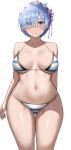  1girl absurdres bikini blue_eyes blue_hair breasts closed_mouth hair_ornament hair_over_one_eye highres jasony large_breasts looking_at_viewer re:zero_kara_hajimeru_isekai_seikatsu rem_(re:zero) short_hair simple_background smile striped striped_bikini swimsuit white_background white_bikini x_hair_ornament 