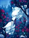  absurd_res ambiguous_gender bite black_lips black_nose blood bodily_fluids canid canine canis duo feral flower fur hi_res lips lycanium mammal night no_pupils outside plant rose_(flower) sky white_body white_fur wolf 