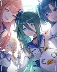  &gt;_&lt; 1other 2r-_(pixiv8168114) 4girls :d :q aqua_hair aris_(blue_archive) armpits aru_(blue_archive) bangs blonde_hair blue_archive blue_bow blue_choker blue_eyes blue_hair blue_sailor_collar blunt_bangs bow choker closed_eyes closed_mouth collarbone commentary_request detached_sleeves hair_between_eyes hair_bow hair_tie halo hand_on_another&#039;s_shoulder hand_up hifumi_(blue_archive) highres long_bangs looking_at_viewer low_twintails multiple_girls open_mouth orange_hair peroro_(blue_archive) ponytail purple_eyes sailor_collar selfie shirt simple_background sleeveless smile standing sweat swept_bangs tongue tongue_out twintails upper_body v white_background white_shirt white_sleeves yellow_choker yellow_eyes yuuka_(blue_archive) 