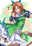  1girl animal_ears black_gloves bow brown_hair commentary dress ear_covers gloves green_bow green_dress hair_bow highres horse_ears horse_girl king_halo_(umamusume) long_hair looking_to_the_side murazo_(0606) off-shoulder_dress off_shoulder red_eyes solo umamusume 