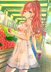  1girl arisugawa_natsuha bare_shoulders commentary dress dutch_angle food from_side fruit grey_eyes highres holding holding_eyewear holding_food holding_fruit idolmaster idolmaster_shiny_colors long_hair looking_at_viewer murazo_(0606) nail_polish peach ponytail red_hair smile solo sundress sunglasses white_dress 
