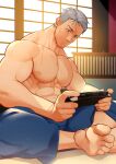 1boy abs bara blue_pants character_request closed_mouth facial_hair goatee grey_hair handheld_game_console hidora_art highres holding indian_style large_pectorals male_focus muscular muscular_male nipples open_clothes pants pectorals playing_games playstation_portable short_hair sitting soles solo stubble sweat toes topless_male virtual_youtuber 