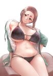  1girl bikini black_bikini breasts brown_eyes brown_hair cleavage feet_out_of_frame food green_jacket hand_up head_tilt highres holding huge_breasts jacket kaii_to_otome_to_kamigakushi looking_at_viewer mole mole_under_eye multi-strapped_bikini_bottom navel nujima official_art ogawa_sumireko open_clothes open_jacket original popsicle short_eyebrows short_hair simple_background sitting solo stomach swimsuit thighs translated underboob white_background 