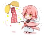  1girl black_robe chibi confetti confetti_ball hagoromo highres japanese_clothes jigokuraku kimono koyuki_(koyuuuuuuuuuuu) looking_to_the_side open_mouth pink_hair pink_kimono puffy_pants robe shawl simple_background smile solo tao_fa white_background yellow_eyes 