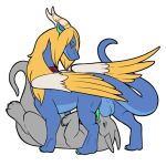  1:1 alpha_channel backsack balls blue_body collar dragon duo feathered_wings feathers feral genitals horn lying male on_back oral penis quadruped symrea telegram_sticker wings yellow_eyes 