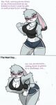  anthro big_breasts blush bottomwear breasts cleavage clothed clothing comic disney dolphin_shorts english_text female hi_res hotpants judy_hopps pace-maker shirt shorts small_waist solo tank_top text topwear wide_hips zootopia 