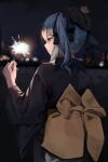  1girl absurdres bangs beret black_kimono black_sky blue_hair blurry blurry_background blush bug butterfly closed_mouth cowboy_shot fireworks from_behind grey_eyes hair_between_eyes hat highres holding_fireworks hololive hoshimachi_suisei japanese_clothes kimono long_sleeves looking_at_object mane031210 medium_hair night obi outdoors plaid_headwear robe sash sidelocks solo sparkler standing white_butterfly wide_sleeves yellow_robe 