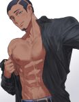 1boy abs belt black_hair black_shirt blush bright_pupils collared_shirt commentary_request facial_hair goatee grey_eyes haiki_(tegusu) highres large_penis male_focus muscular muscular_male navel nipples off_shoulder pectorals penis pokemon pokemon_(game) pokemon_sv salvatore_(pokemon) shirt short_hair simple_background smile solo teeth upper_body upper_teeth white_background white_pupils 