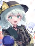  :d ameria_(artist) black_choker black_gloves black_headwear blouse blush bow bright_pupils choker commentary frilled_shirt_collar frilled_sleeves frills gloves green_eyes hair_between_eyes hands_up hat hat_bow heart heart_of_string highres komeiji_koishi long_sleeves looking_at_viewer medium_hair open_mouth own_hands_together shirt smile third_eye touhou twitter_username upper_body white_pupils yellow_bow yellow_shirt 