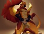  abs anthro avian beak bird bird_feet bottomwear bulge clothing digital_media_(artwork) feathers fur grey_bottomwear grey_clothing grey_pants gryphon hi_res hybrid invalid_tag kneeling male mammal mythological_avian mythology orange_body pants pose simple_background solo syringa underwear wings 