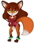  2020 anthro black_nose brown_hair canid canine cheek_tuft chibi clothed clothing dated facial_tuft female fox full-length_portrait fur glistening glistening_eyes hair hi_res leg_markings looking_aside mammal markings moop_(isyld) open_mouth orange_body orange_fur portrait red_clothing red_topwear signature simple_background socks_(marking) solo standing topwear tuft white_background white_body white_fur 